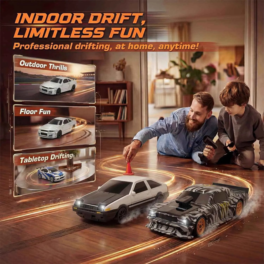 Man and child playing with toy cars on a wooden floor, with text about indoor drifting.