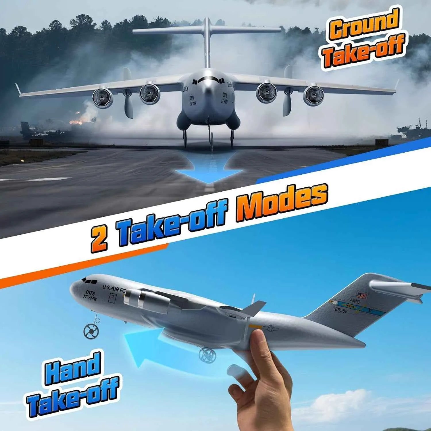 Model RC airplane with 'Ground Take-off' and 'Hand Take-off' text, set against a backdrop of an airplane on a runway.
