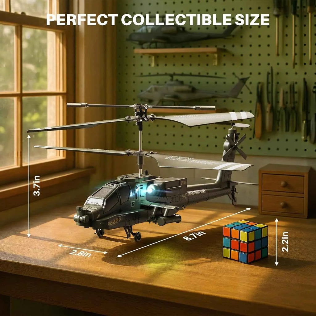 model rc helicopter on a table with measurements and a Rubik's cube for scale, against a pegboard background.