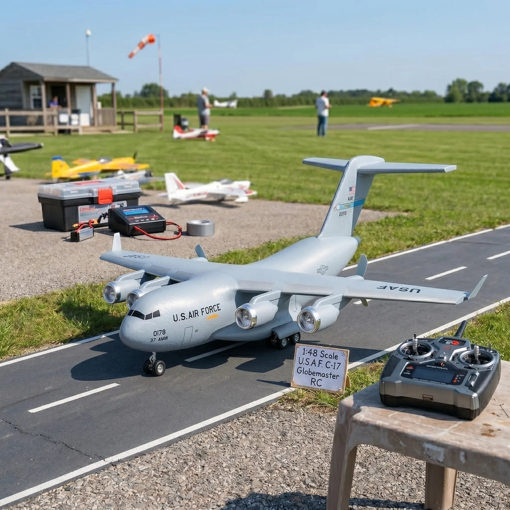 Model U.S. Air Force RC airplane on a tarmac with control remote and toolbox in the background.