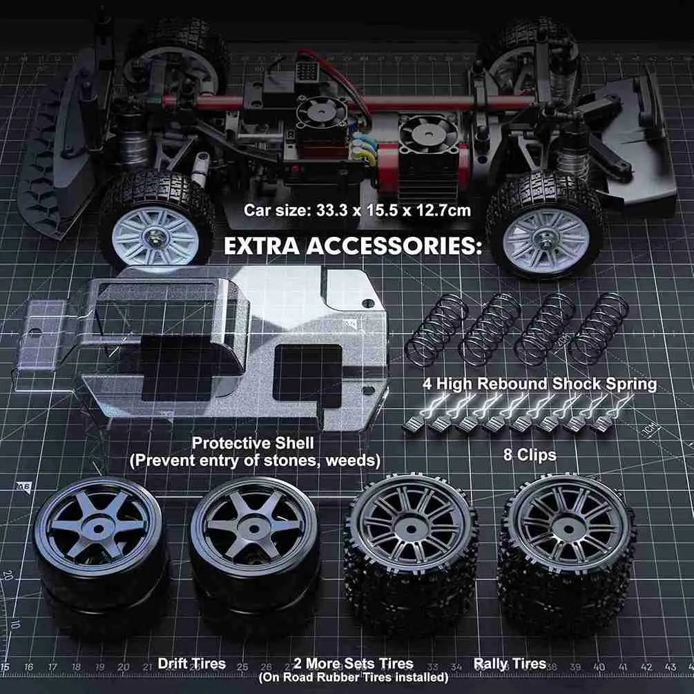 Model car chassis with extra accessories on a grid background