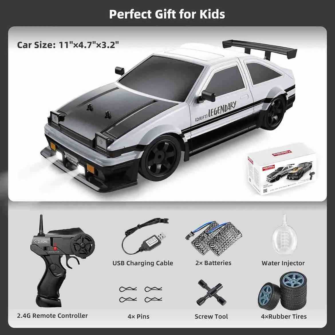 Model car with remote control and accessories on a gray background
