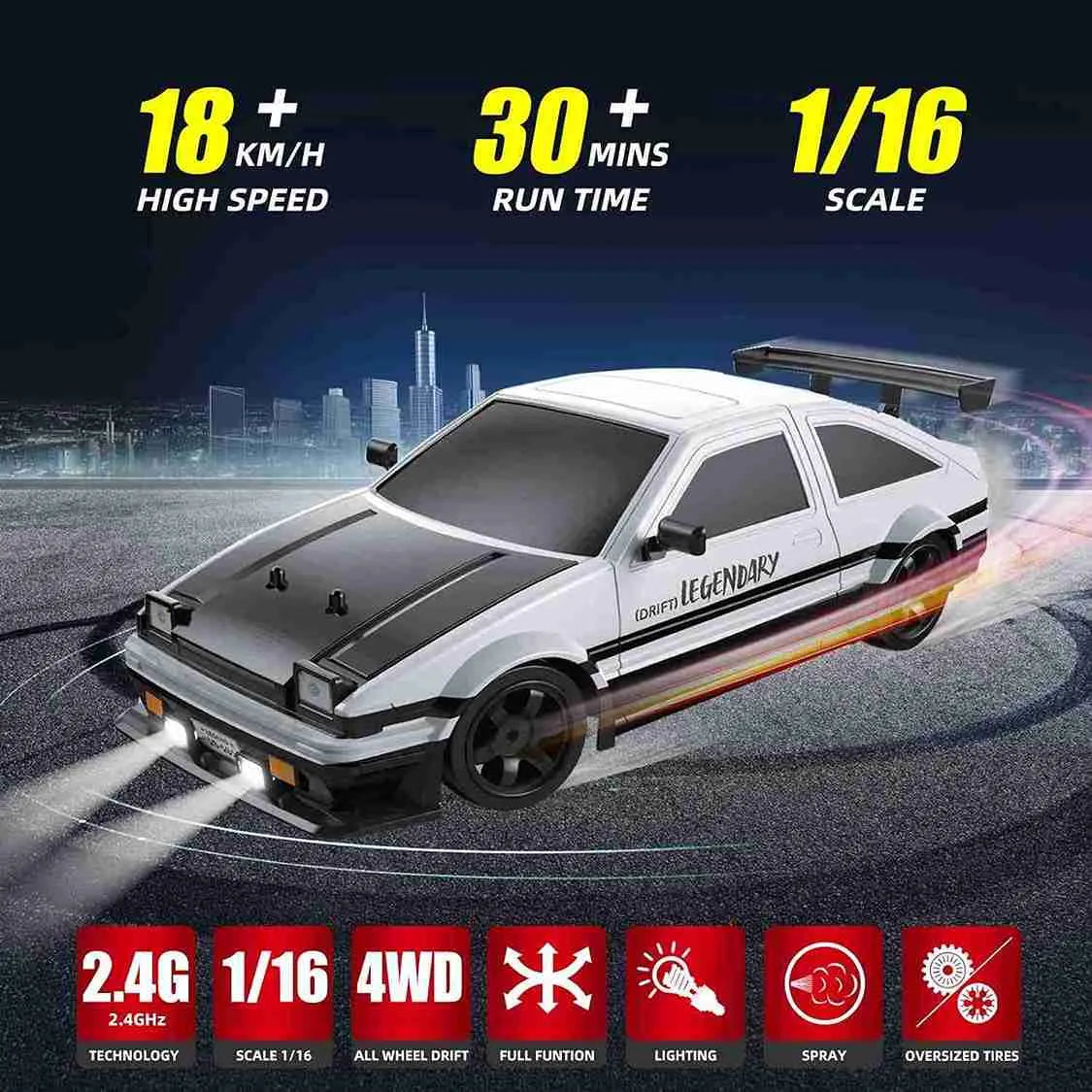 Model car with specifications on a dark background