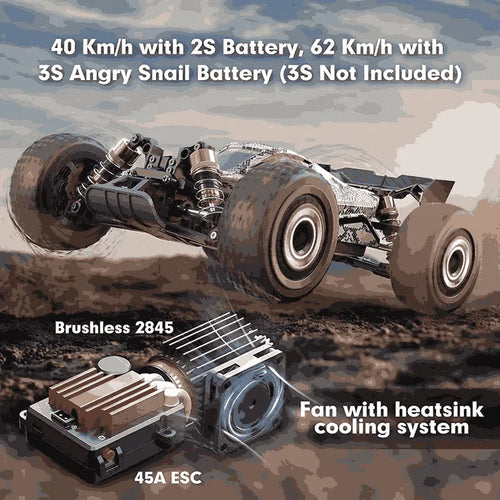 Model of a rc buggy with technical components and specifications on a camouflage background.