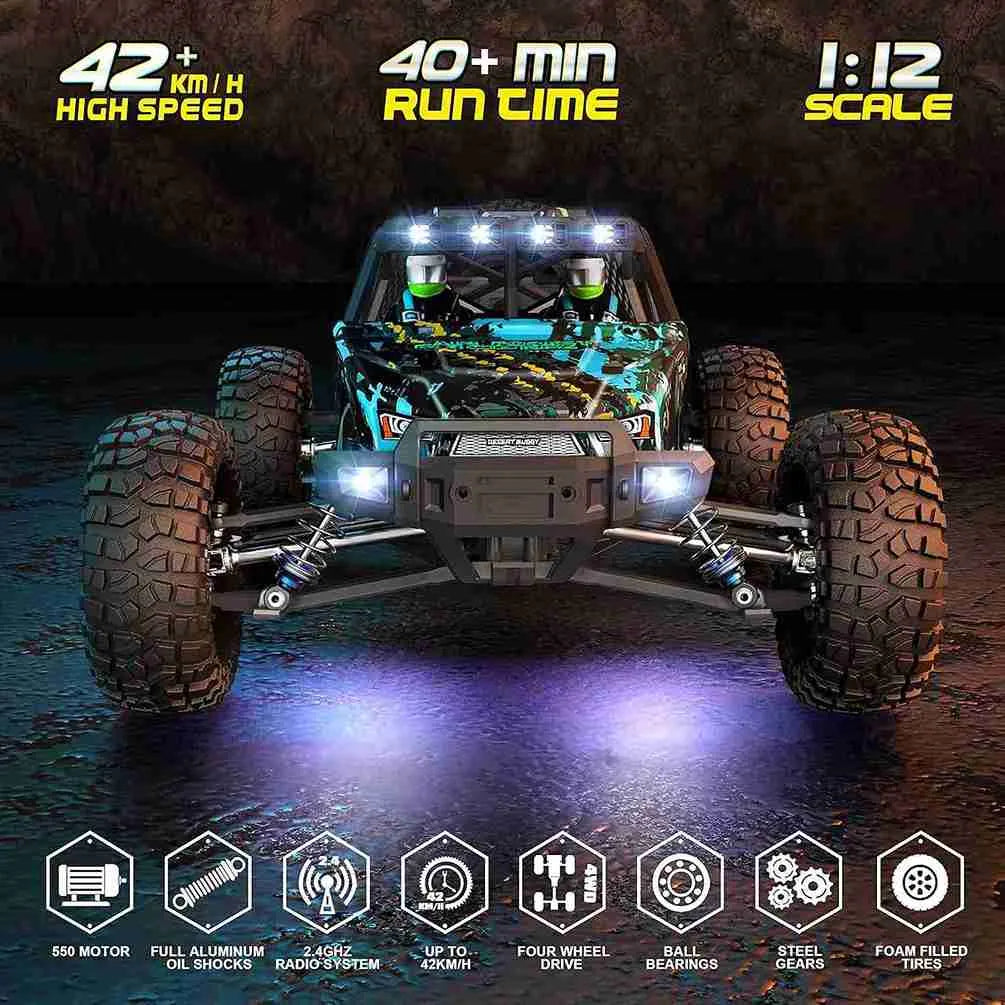 Model off-road vehicle with specifications on a dark background
