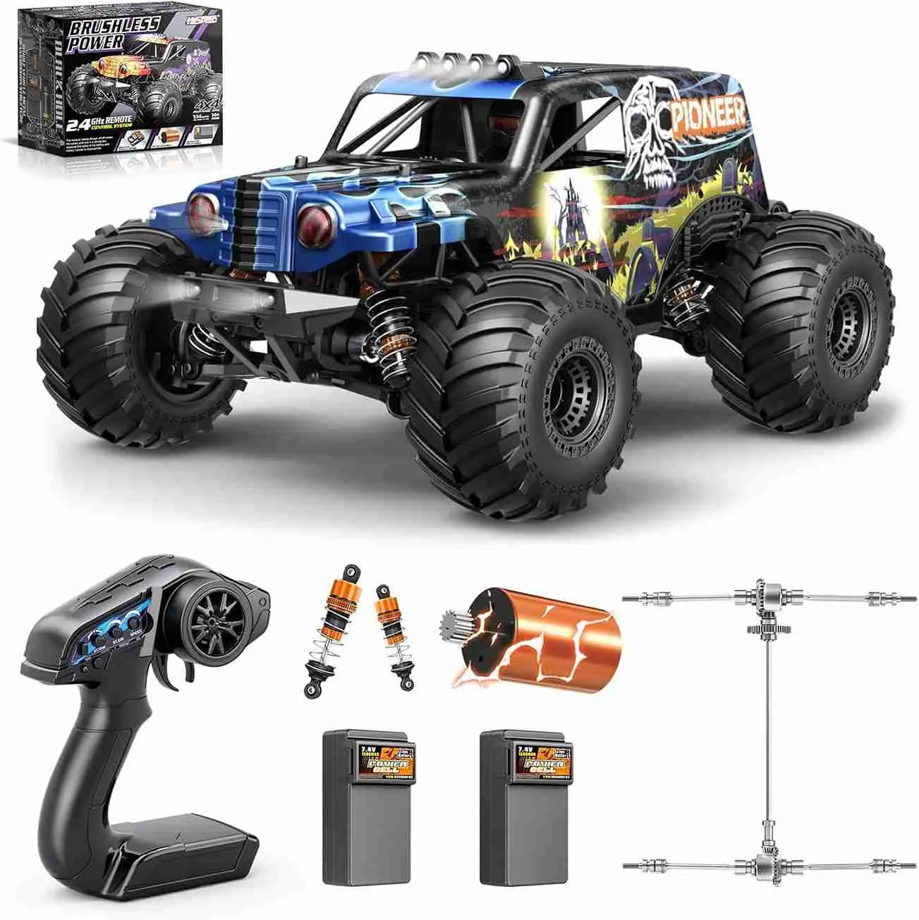 Monster truck toy with remote control and accessories on a white background