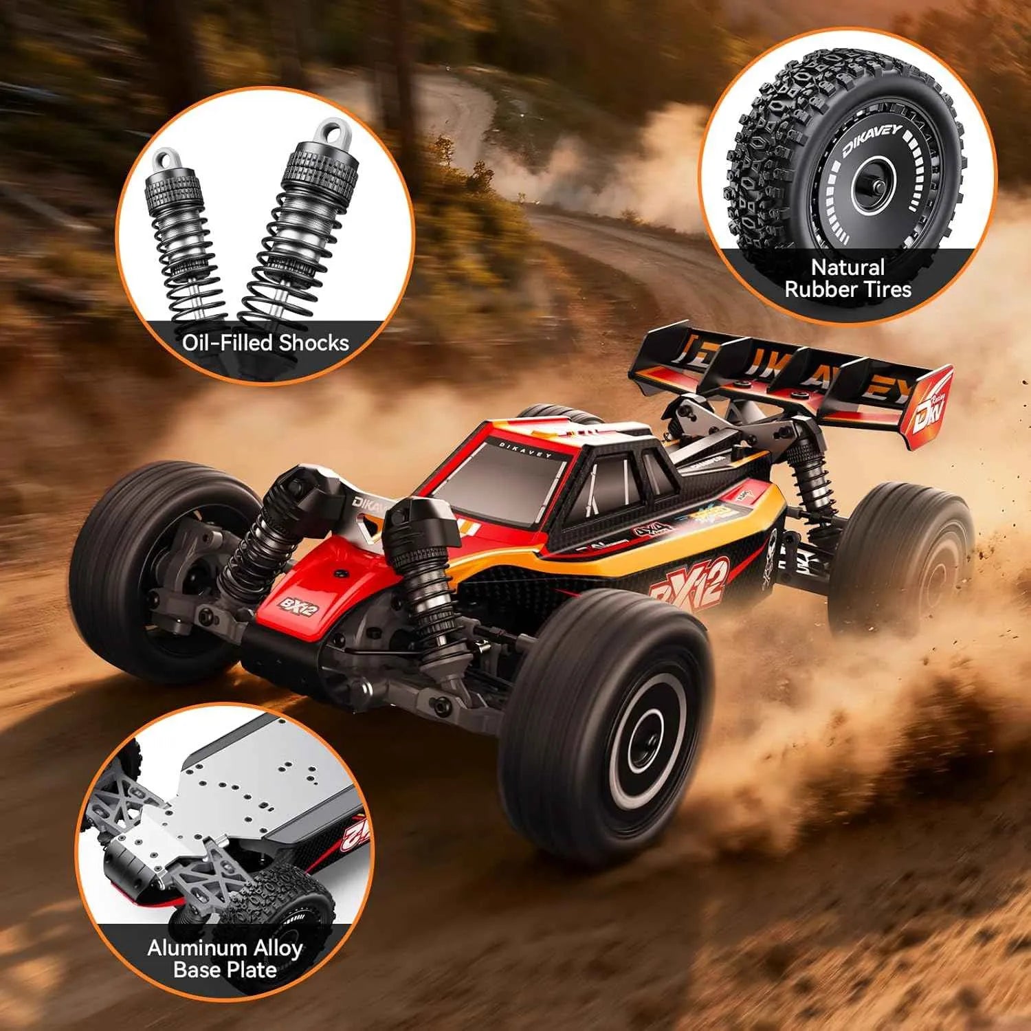 Off-road RC car with close-ups of oil-filled shocks, natural rubber tires, and aluminum alloy base plate on a dirt track background.