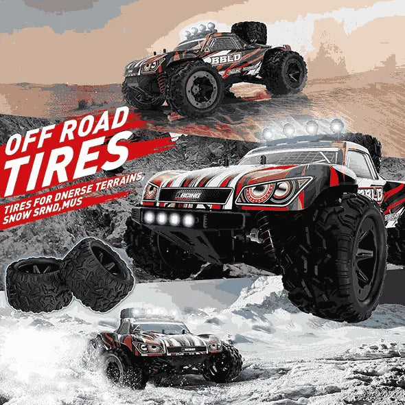 Off-road tires advertisement with RC trucks in various terrains