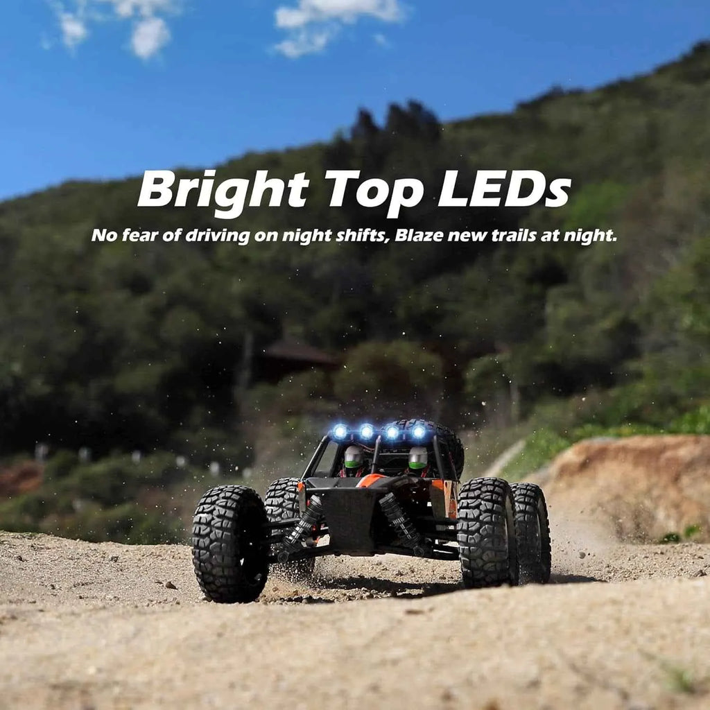 Off-road vehicle with bright top LEDs on a dirt road with text about night driving.