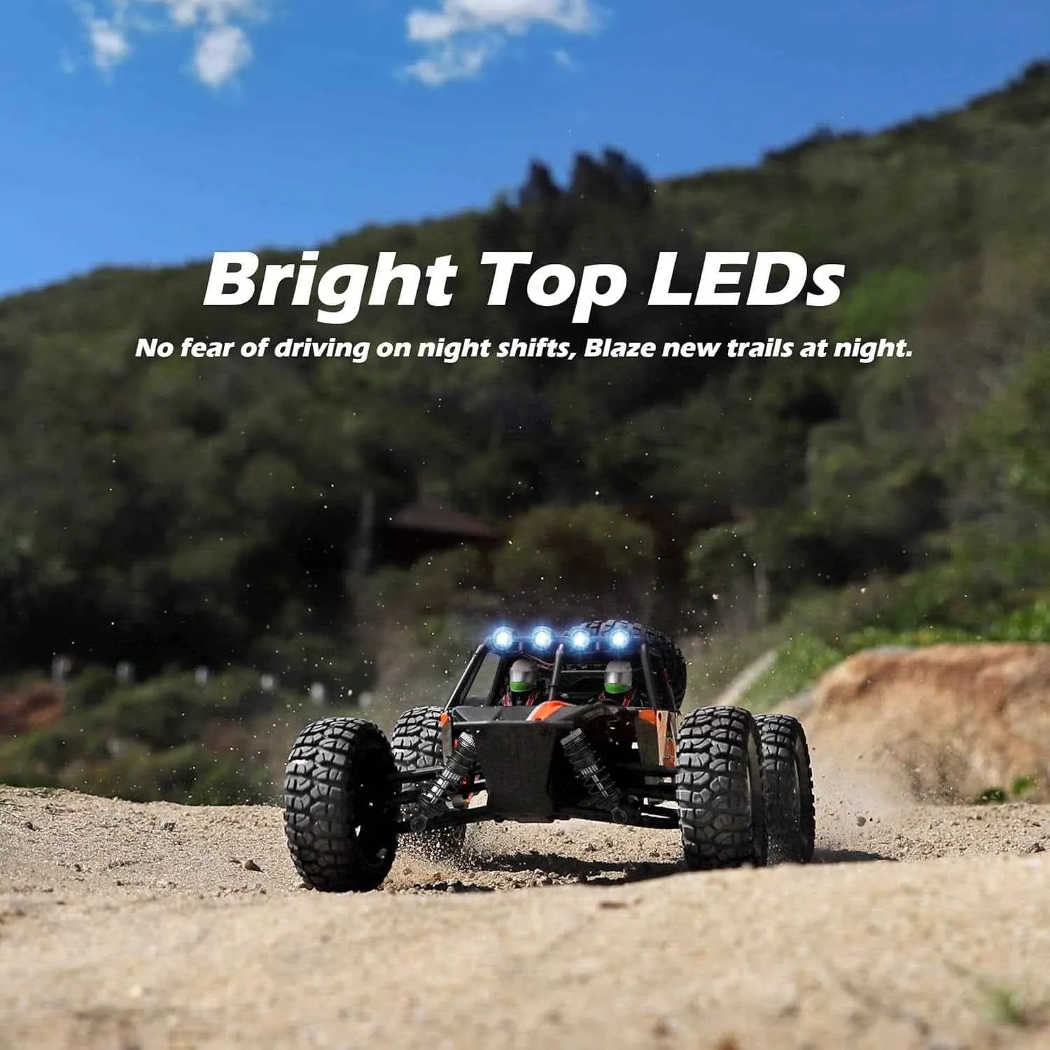 Off-road vehicle with bright top LEDs on a dirt road with text about night driving.