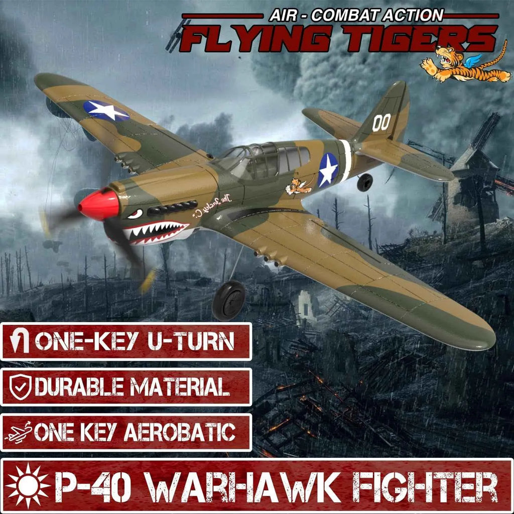 P-40 Warhawk fighter RC plane with 'Flying Tigers' branding and promotional text.