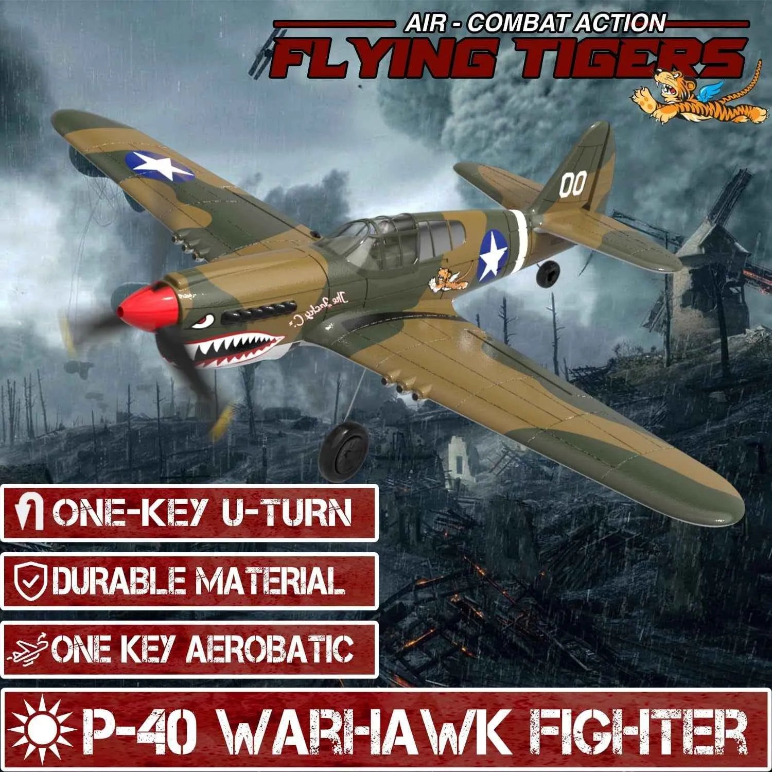 P-40 Warhawk fighter RC plane with 'Flying Tigers' branding and promotional text.