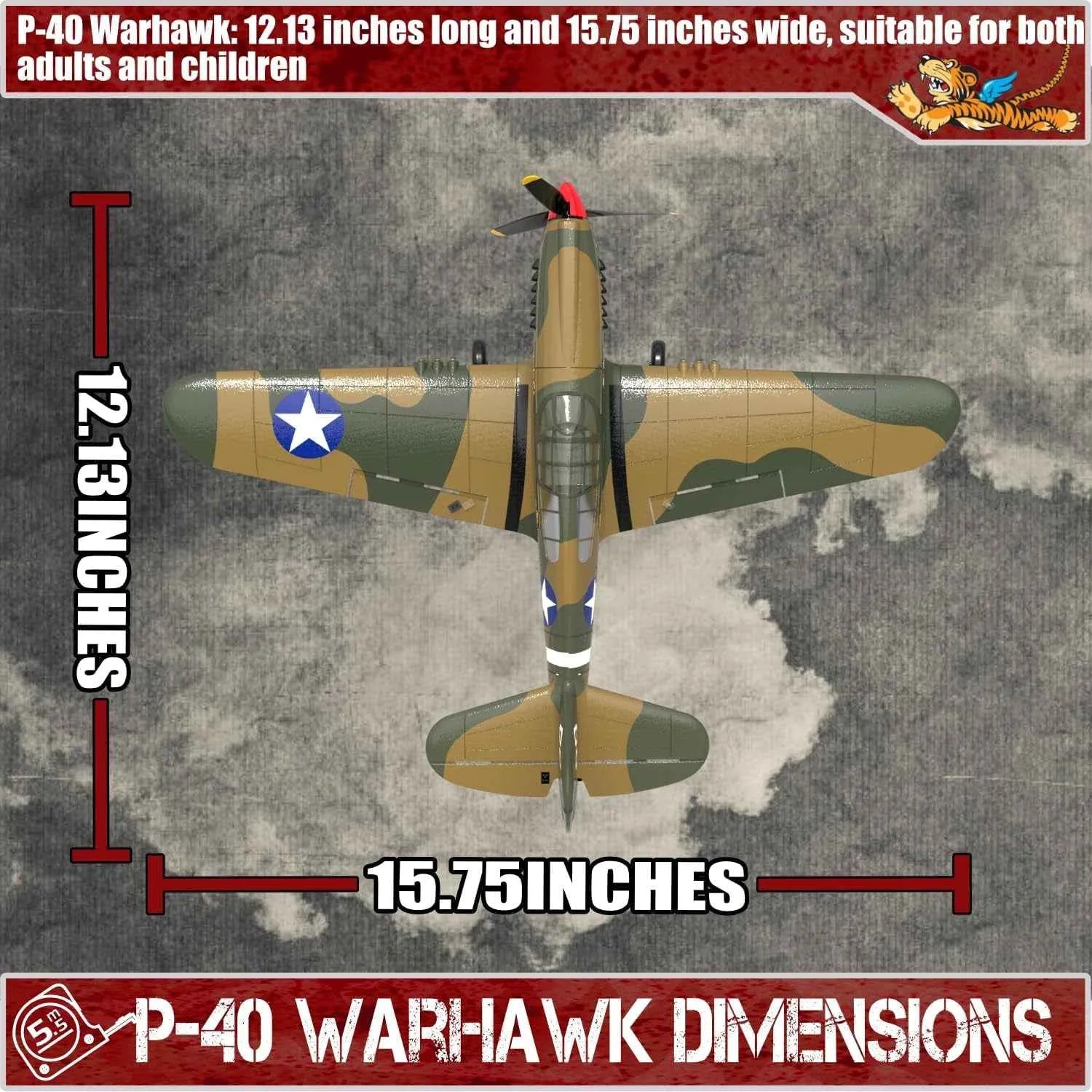 P-40 Warhawk model RC airplane with dimensions on a textured background