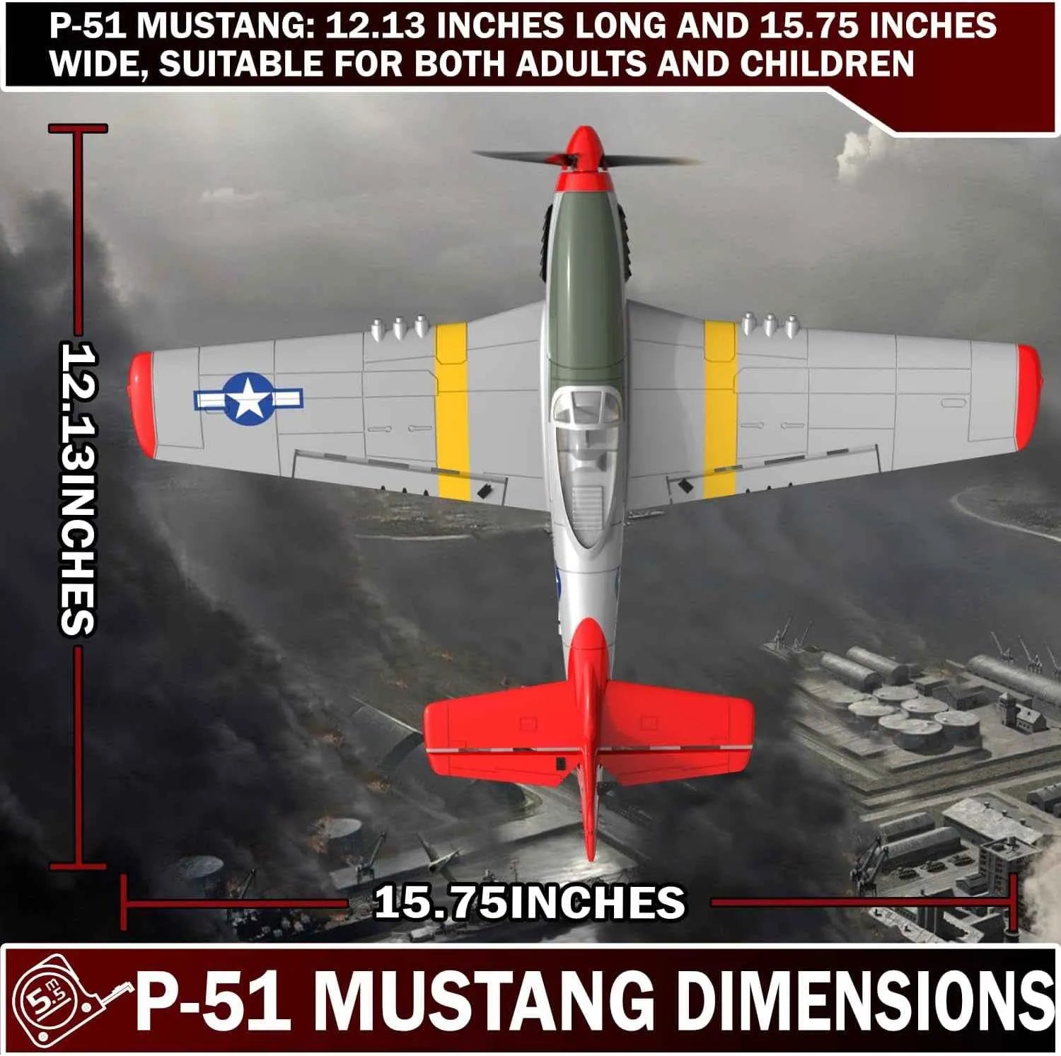P-51 Mustang RC model airplane with dimensions indicated on a dark background