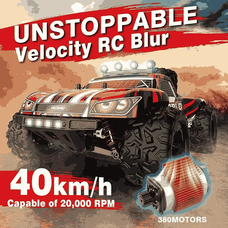 Promotional graphic of an RC vehicle with text about speed and features.