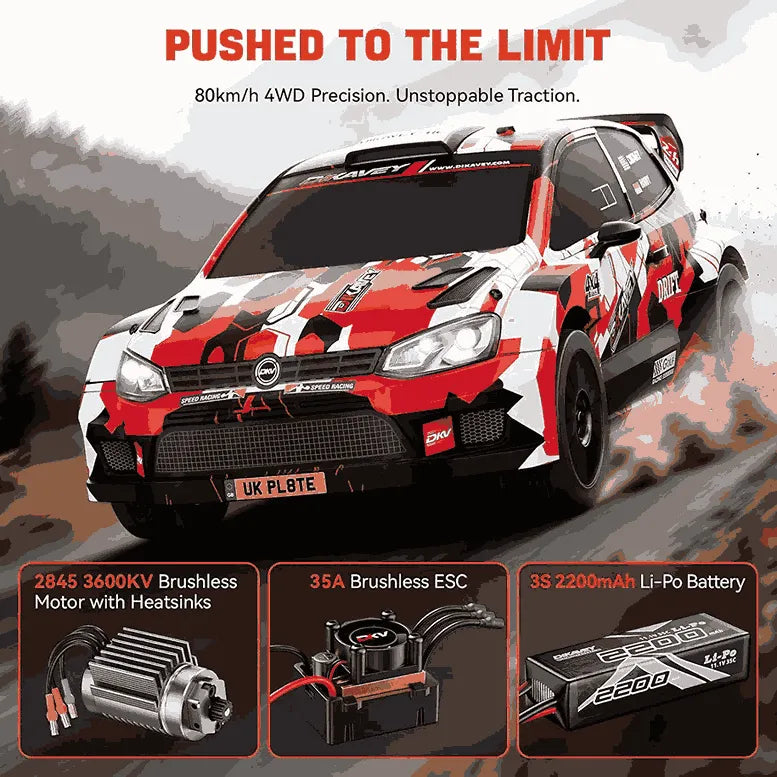 Model car with racing decals and specifications on a dynamic background