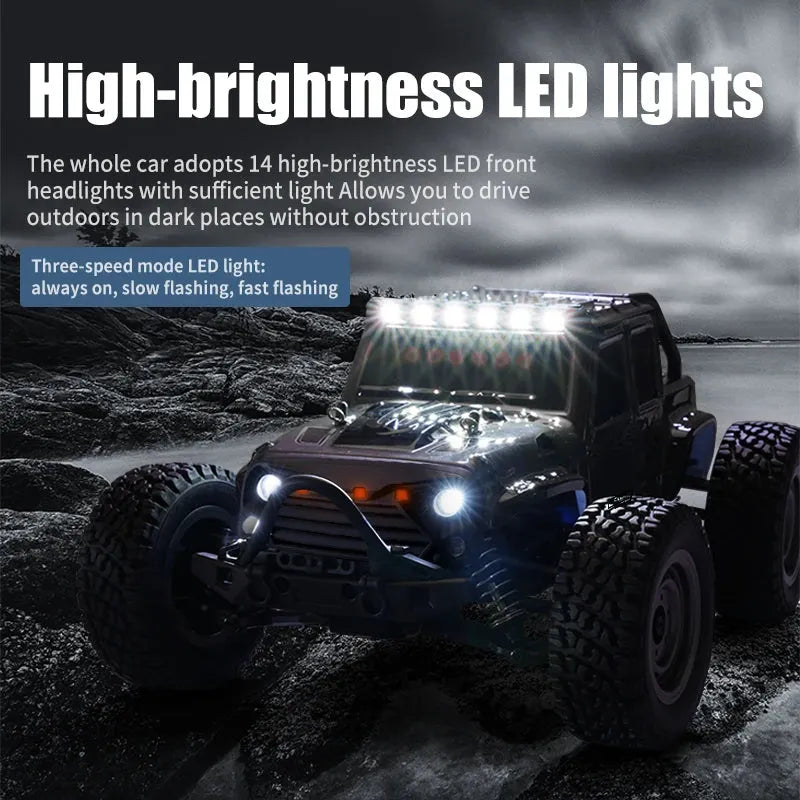 RC monster truck Off-road with high-brightness LED lights on a dark, rocky terrain.