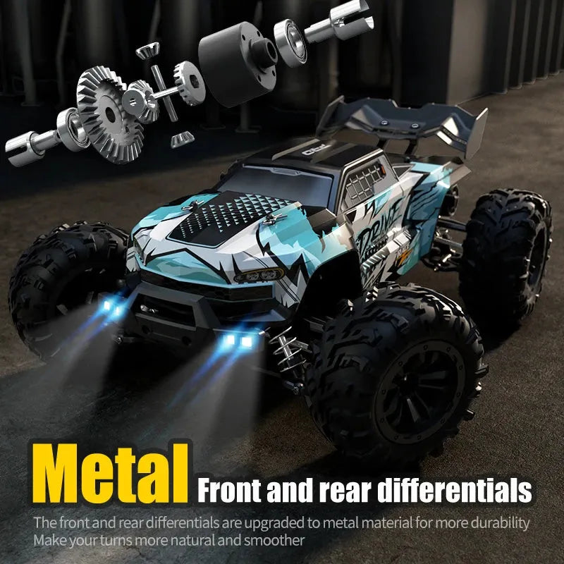 RC monster truck with metal front and rear differentials on a dark background