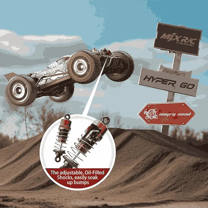 Rc buggy on a dirt track with adjustable shocks highlighted, against a blue sky.
