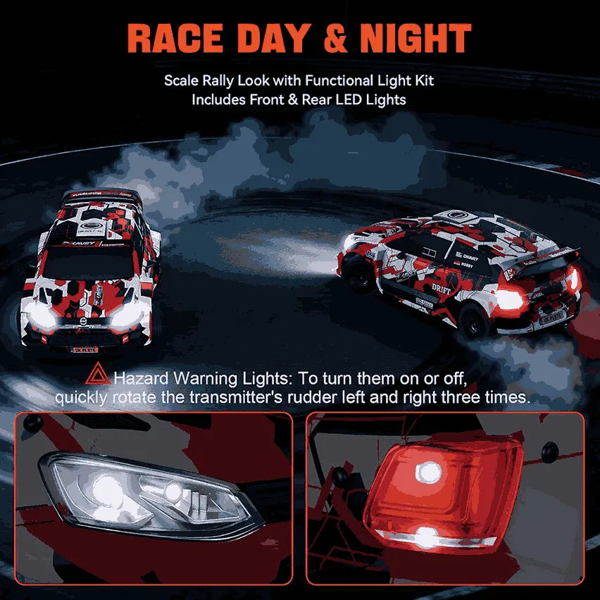 Model cars with functional light kit on a dark background, highlighting front and rear LED lights.