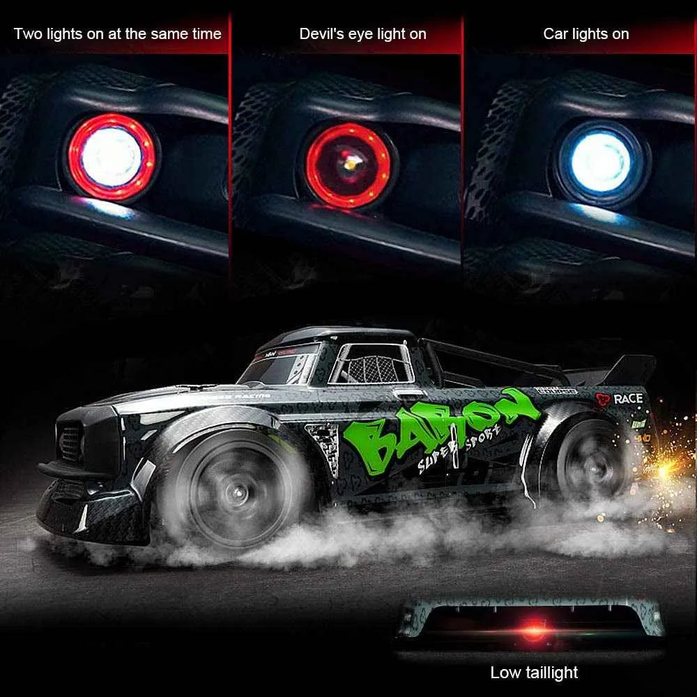 Rc drift car with various lights illuminated in different scenarios on a dark background.