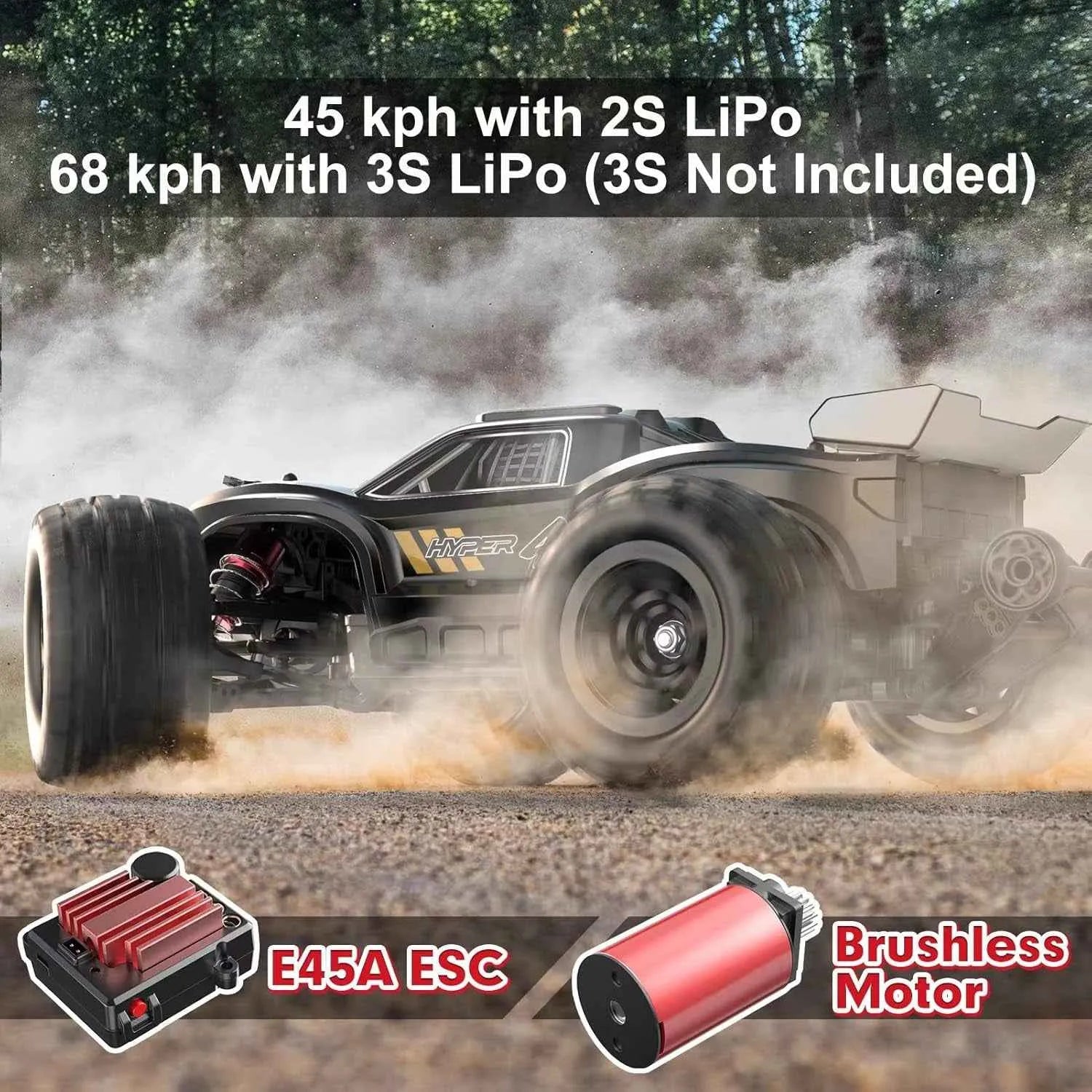 Rc monster truck with specifications and components displayed.