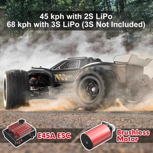 Rc monster truck with specifications and components displayed.