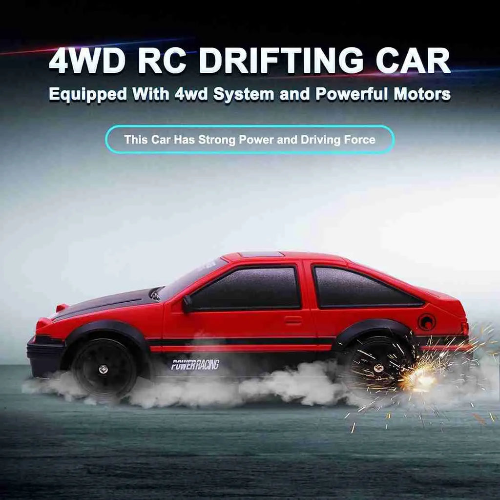 Red 4WD RC drifting car with text about its features on a dark background