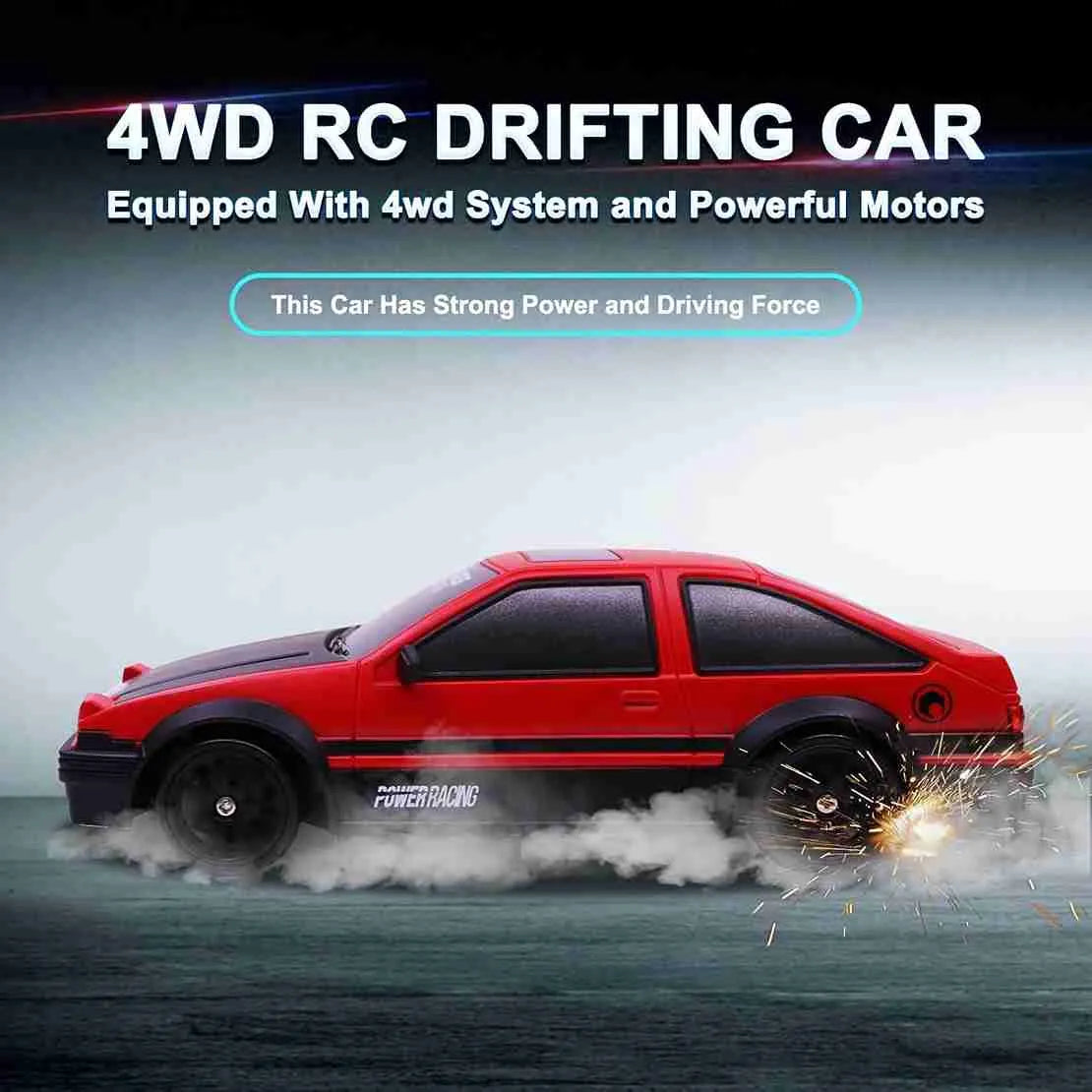 Red 4WD RC drifting car with text about its features on a dark background