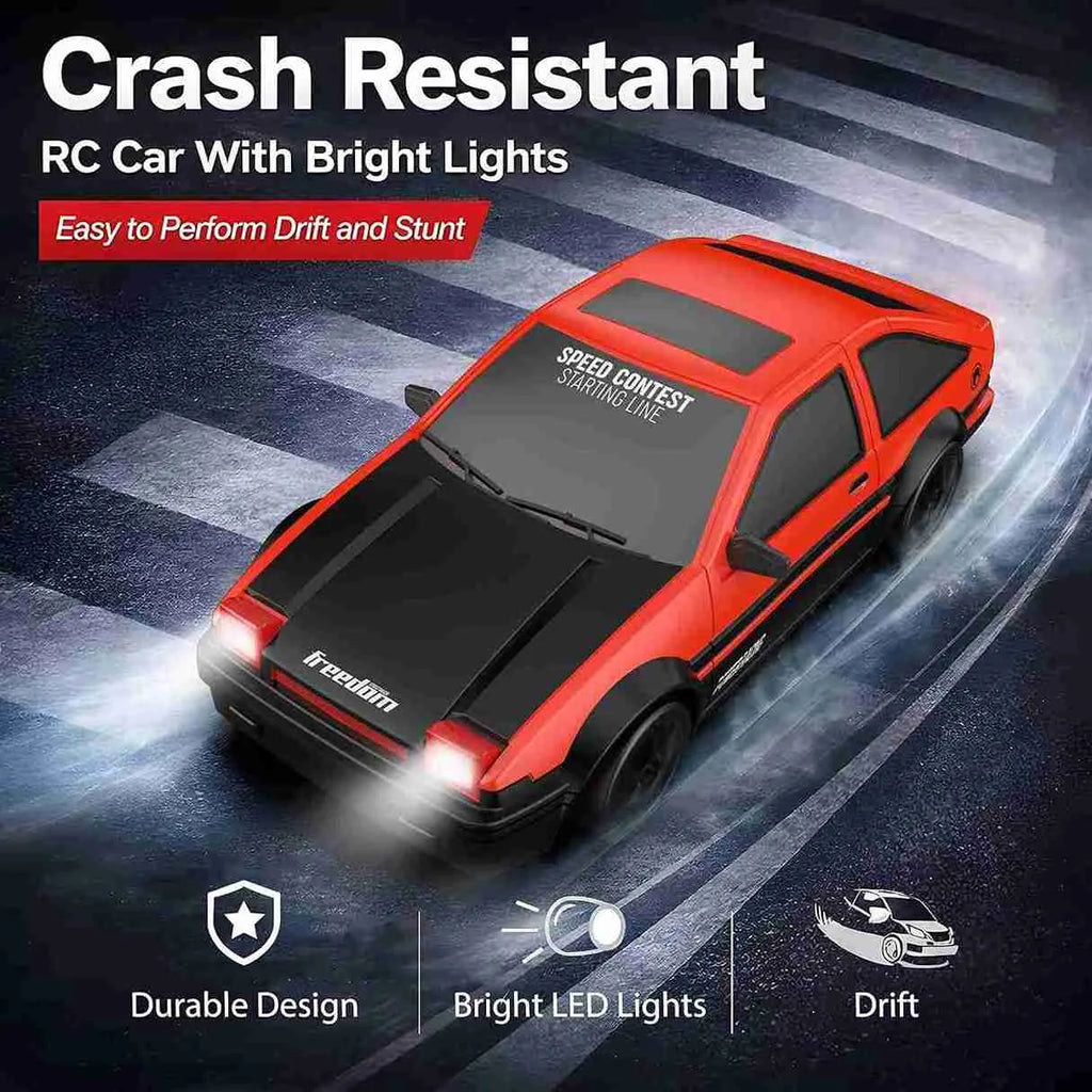Red and black RC car with bright lights on a dark background