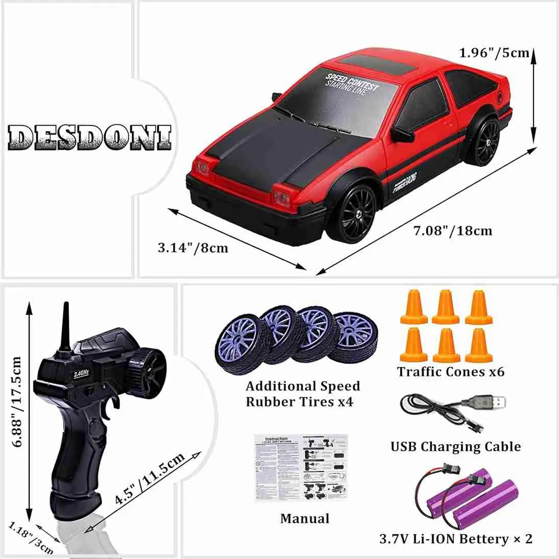 Red and black toy car with remote control, tires, cones, and battery pack on a white background.