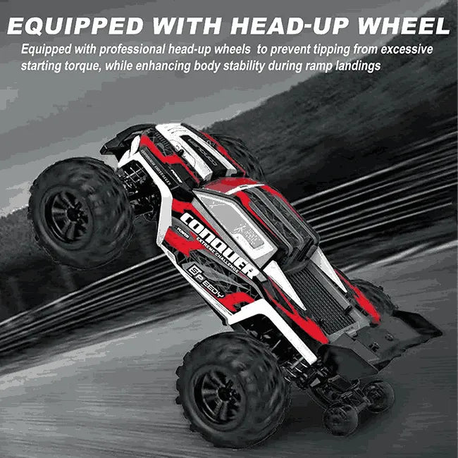 Red and black remote control car with 'Colossus' branding on a track, featuring text about head-up wheels.