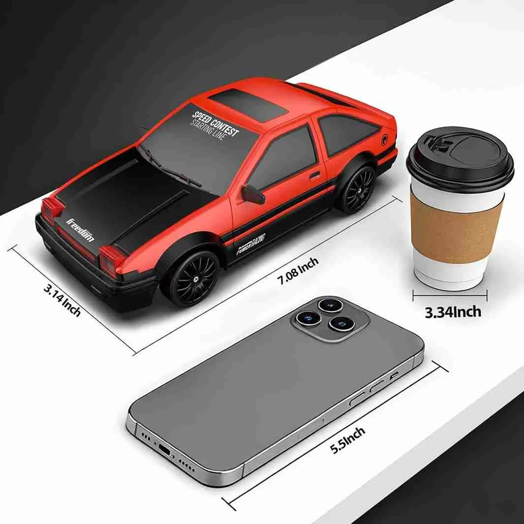 Red toy car, smartphone, and coffee cup with measurements on a white background