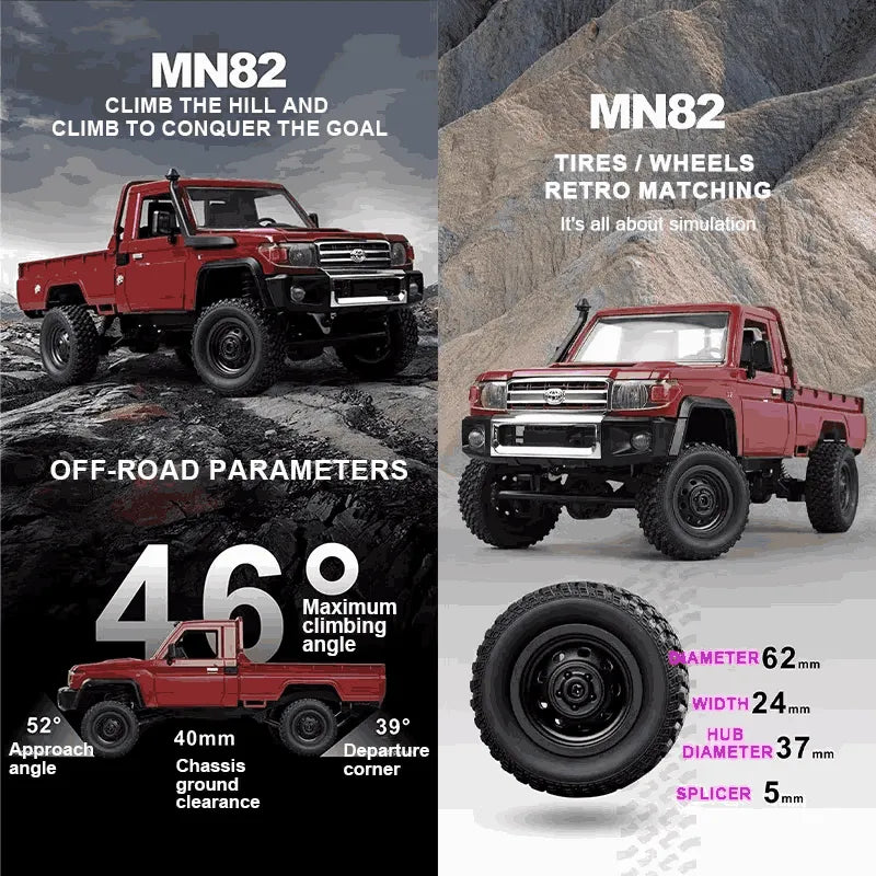 Red off-road truck with climbing parameters and tire/wheel details on a mountainous background.