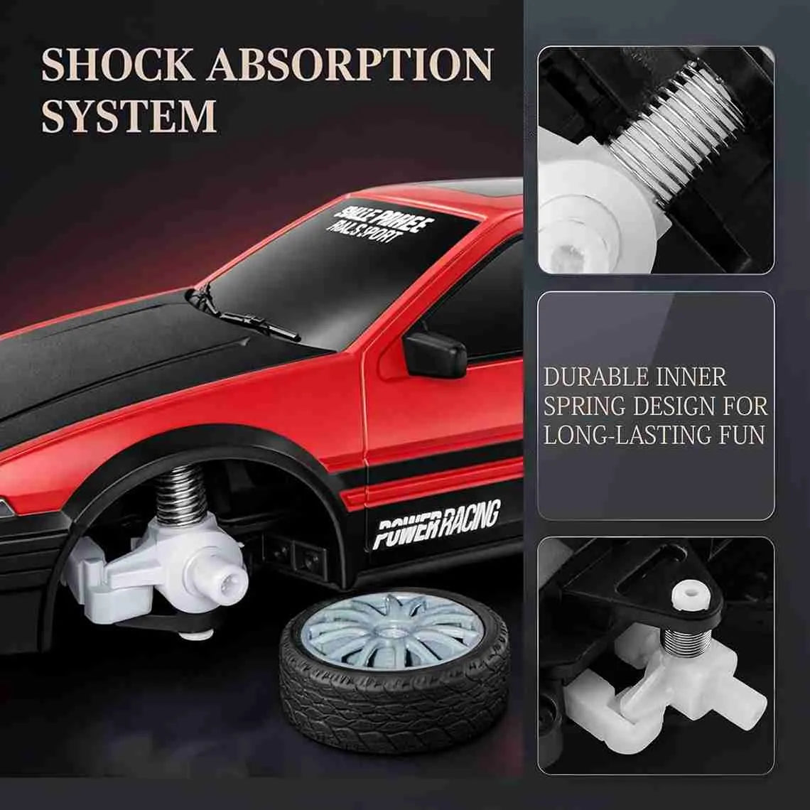 Red rc drift car with shock absorption system components on a dark background