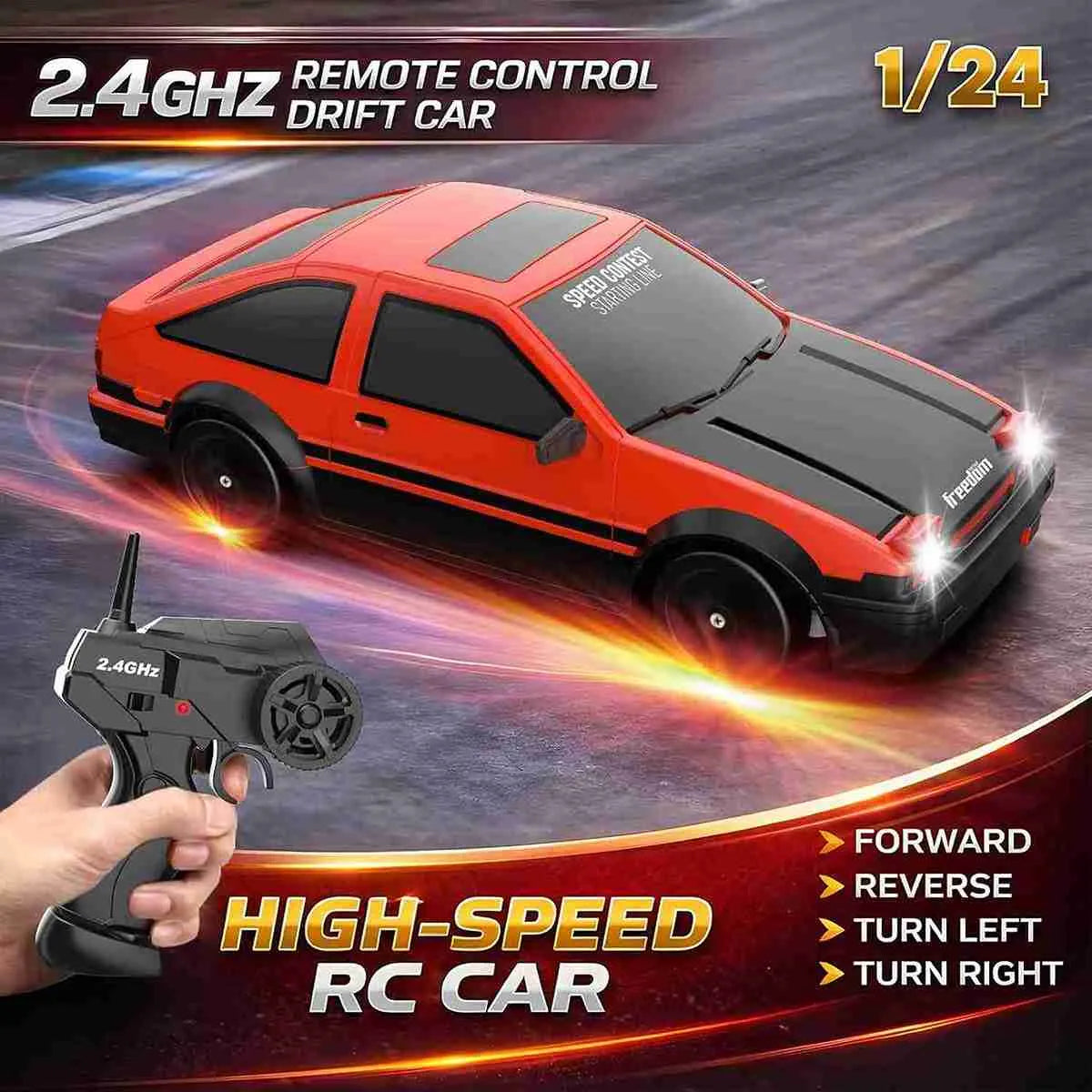 Red remote control drift car with a remote on a racing track background
