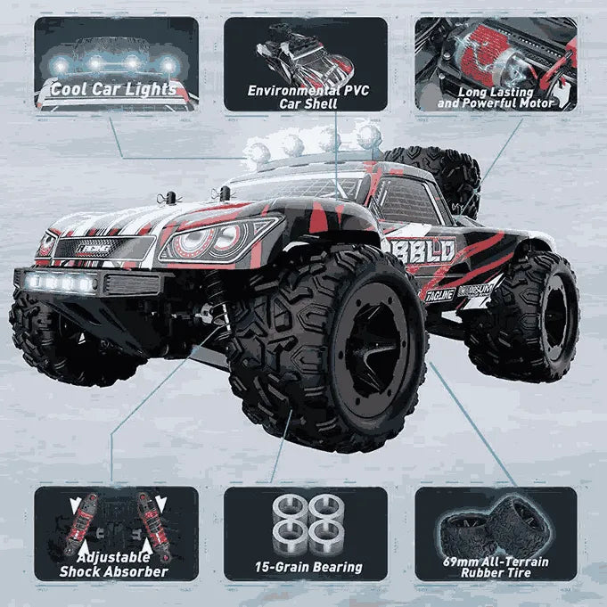 Remote control monster truck with features highlighted on a gray background