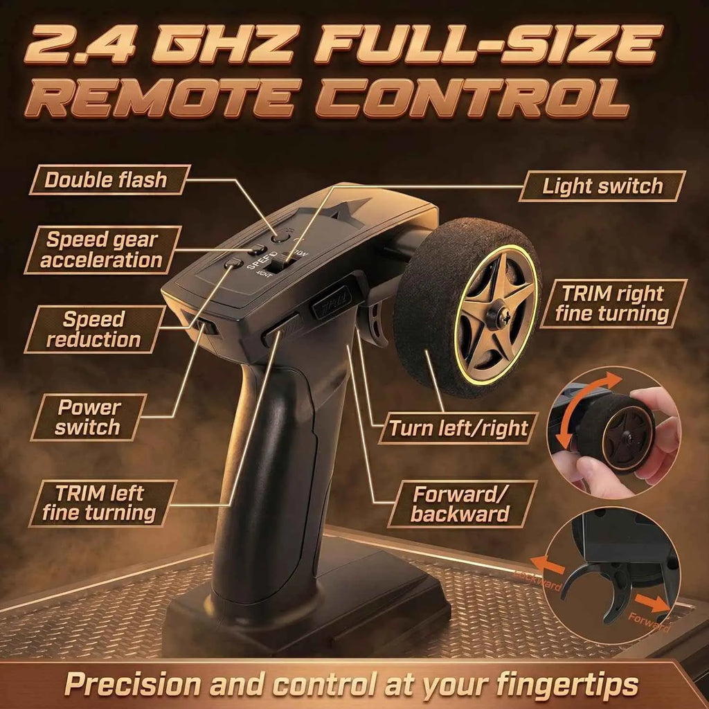 Remote control with labeled features on a brown background