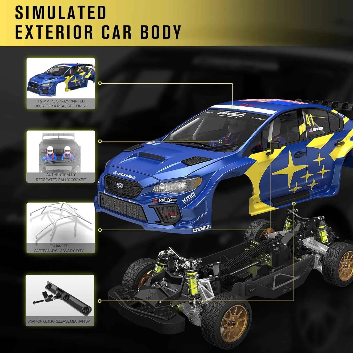 Simulated exterior car body with detailed components on a black background