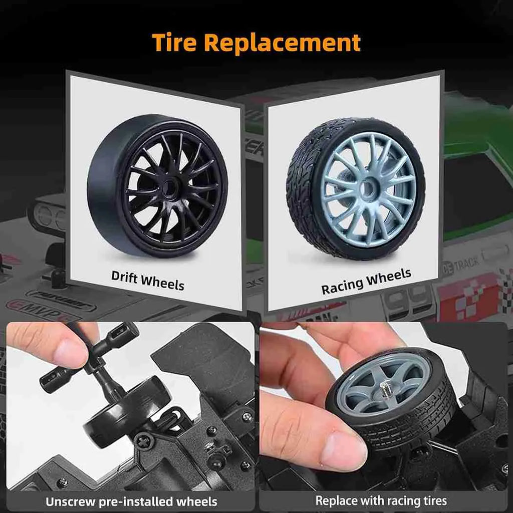 Tire replacement for a model car with drift and racing wheels shown.
