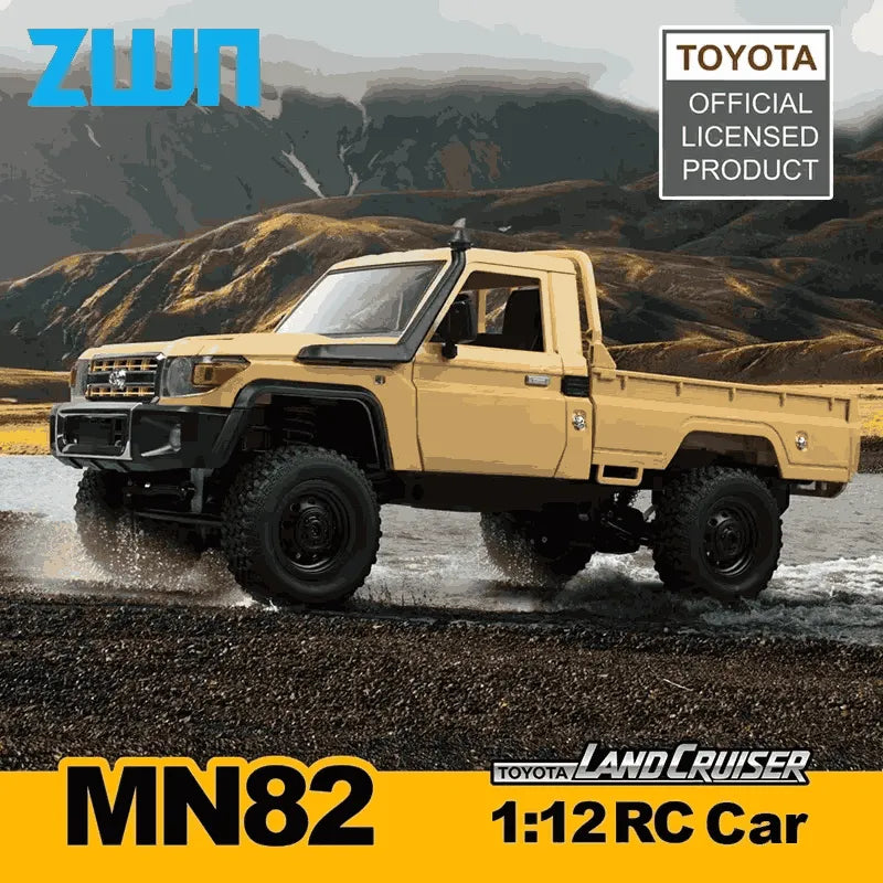 Toy Toyota Land Cruiser RC car model on a mountainous terrain with branding elements.