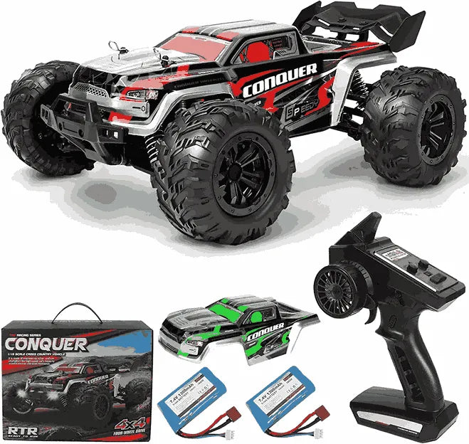 Toy monster truck with remote control and accessories on a white background