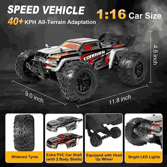Toy truck with specifications and features on a dark background