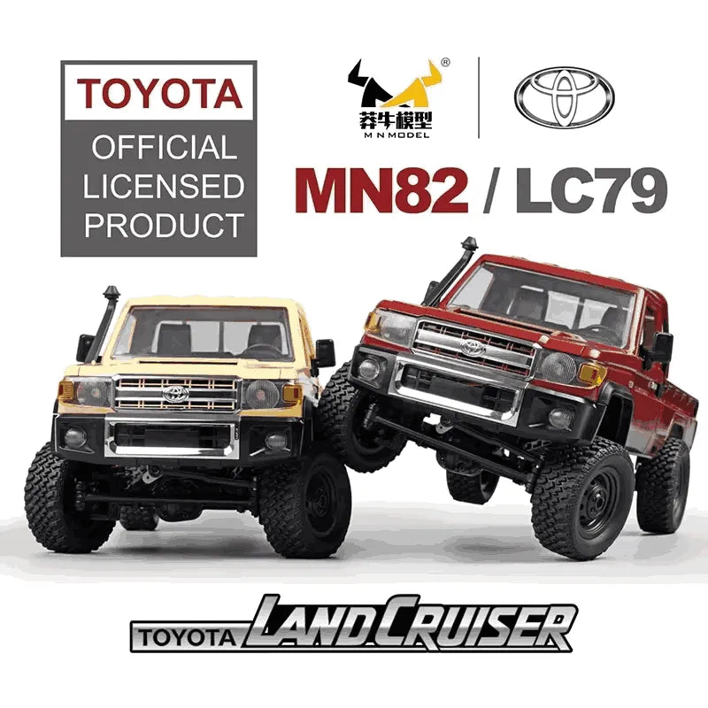Two toy Land Cruisers in gold and red on a white background with Toyota branding.