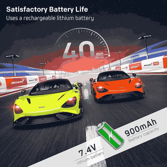Two racing cars on a track with battery life information displayed.