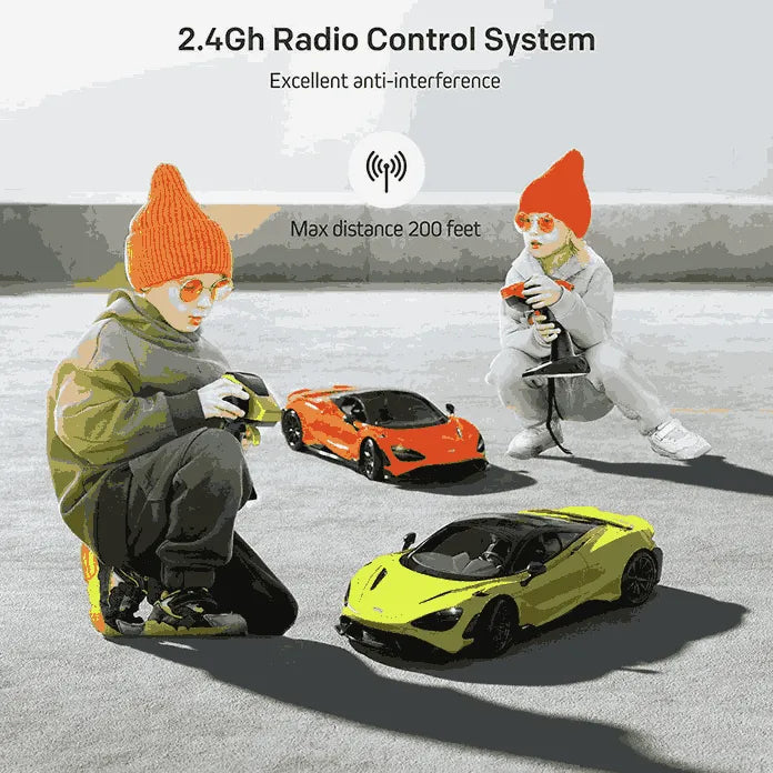 Two rc model car and children playing and text showing radio control system