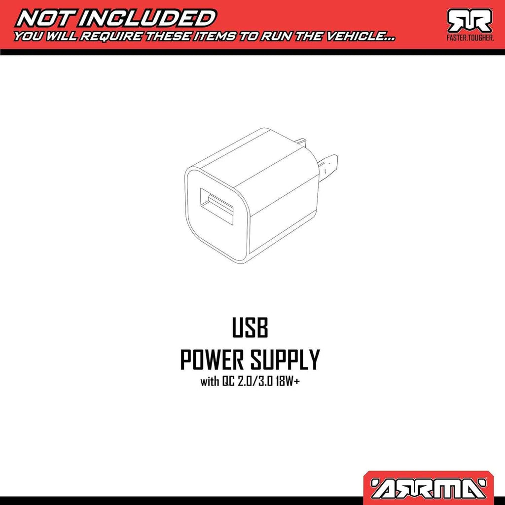 USB power supply with text indicating it is not included and Arma branding.