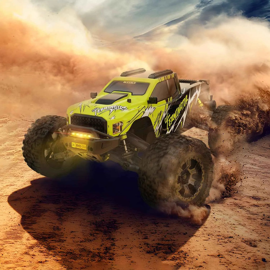Yellow off-road rc monster truck racing on a dirt track with dust in the air