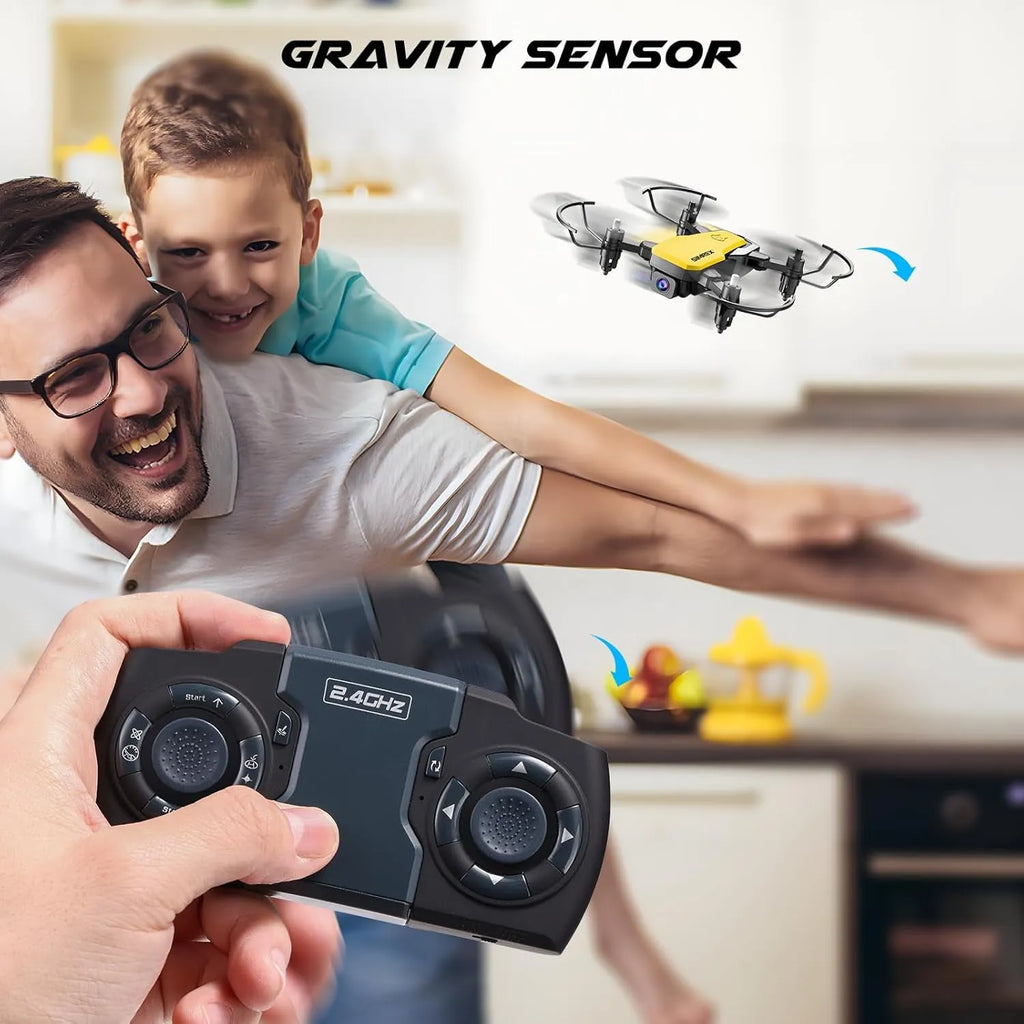 A man and a child playing with an RC drone and remote control in a kitchen setting.