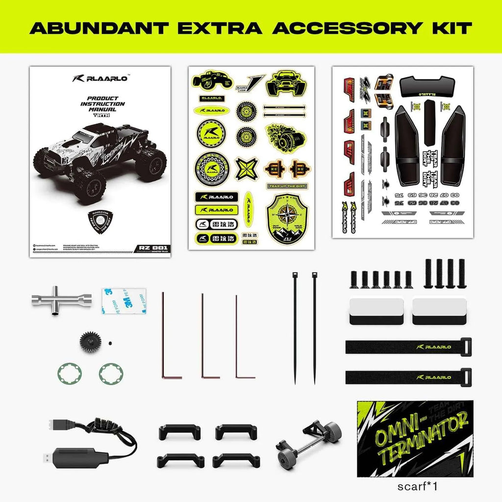 Abundant extra accessory kit for a rc monster truck with various parts and components.